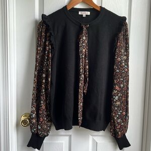 Nanette Lepore Black Sweater with Feminine Chiffon Flrloral Sleeves Size XL